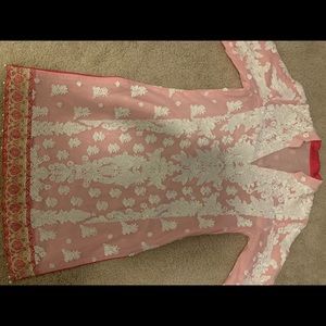 Pink Pakistani shalwar kameez with white embroidery